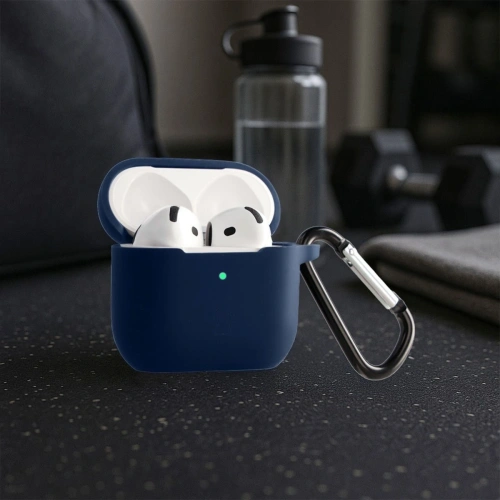 Granatowe etui na słuchawki Apple AirPods 4, doskonałe do codziennego użytku.