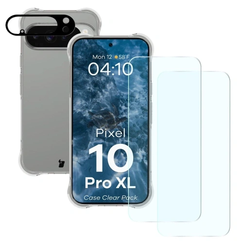 Etui Bizon Case Clear Pack do Google Pixel 10 Pro XL z bliska, ukazujące jego przezroczystą konstrukcję.