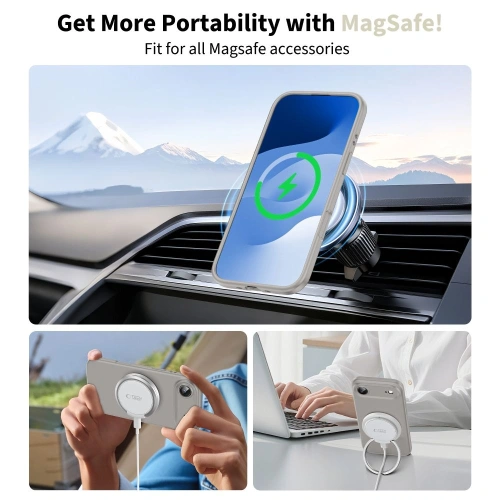 Etui MagSafe Tech-Protect w odcieniu Air Stone Grey, stylowo prezentujące się na iPhone 17.