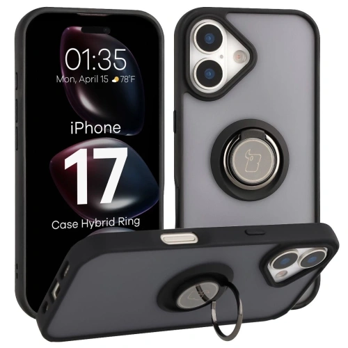 Etui z uchwytem na palec Bizon Case Hybrid Ring na iPhone 17 w kolorze przydymionym z czarną ramką.