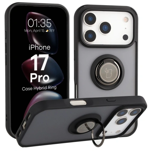 Etui Bizon Case Hybrid Ring do iPhone 17 Pro w kolorze przydymionym z czarną ramką