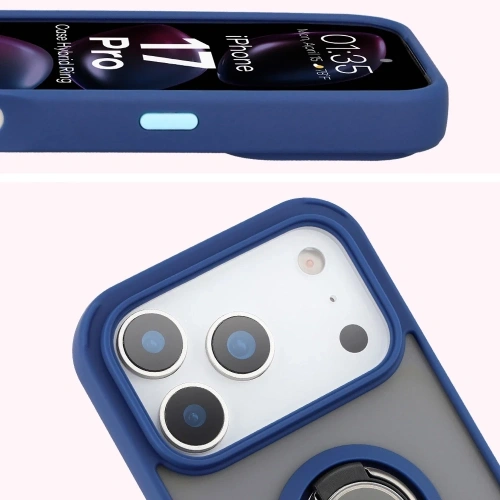 Zbliżenie na granatową ramkę etui Bizon Case Hybrid Ring dla Apple iPhone 17 Pro
