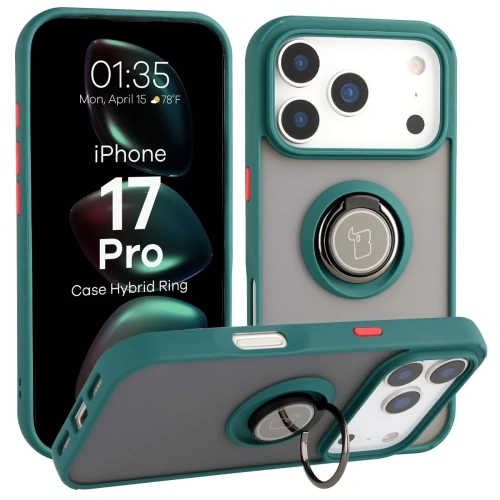 Etui z uchwytem na palec Bizon Case Hybrid Ring do iPhone 17 Pro w przydymionym kolorze.
