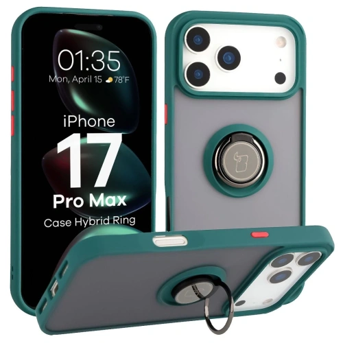 Etui Bizon Case Hybrid Ring w przydymionym kolorze z ciemnozieloną ramką do iPhone 17 Pro Max