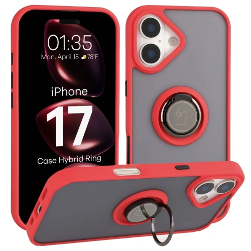 Etui Bizon Case Hybrid Ring na iPhone 17 w przydymionym kolorze z czerwoną ramką
