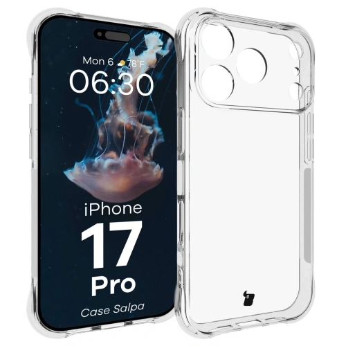 Elastyczne etui Bizon Case Salpa do iPhone 17 Pro w przezroczystym kolorze, ukazujące jego smukły design.