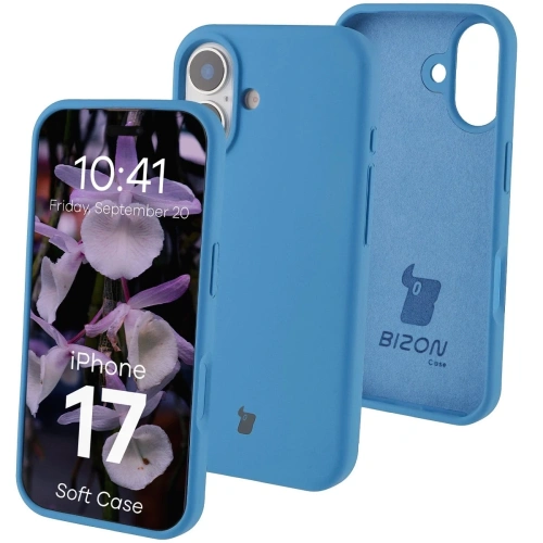 Silikonowe etui Bizon Soft Case w kolorze niebieskim, idealnie dopasowane do Apple iPhone 17.