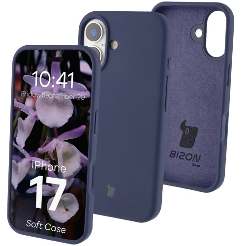 Silikonowe etui Bizon Soft Case w ciemnoniebieskim kolorze, idealnie dopasowane do Apple iPhone 17.