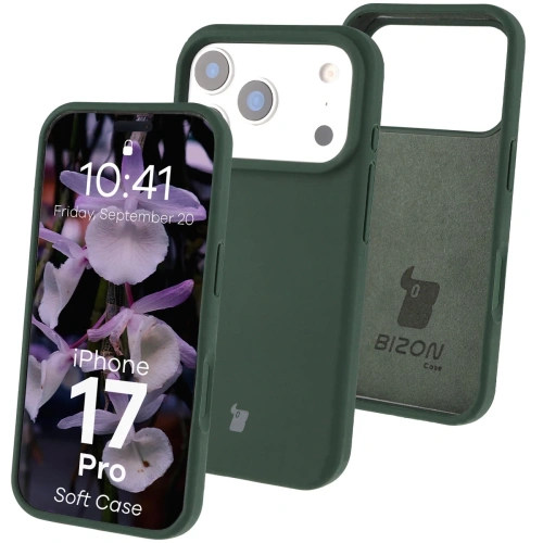Silikonowe etui Bizon Soft Case w ciemnozielonym kolorze, idealne do iPhone 17 Pro.