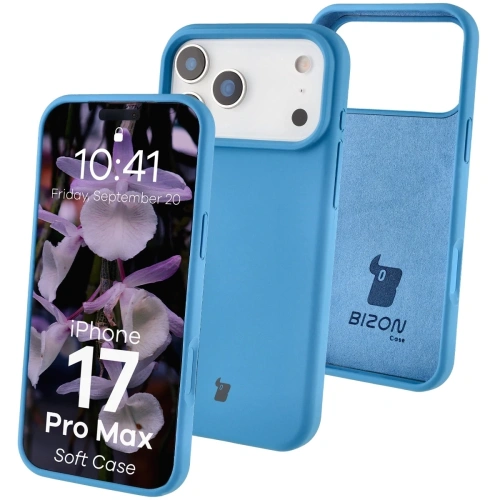 Silikonowe etui Bizon Soft Case w niebieskim kolorze, idealne do Apple iPhone 17 Pro Max.