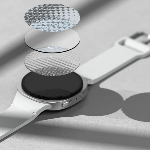 Instalacja szkła hartowanego Ringke na Samsung Galaxy Watch 8, z ramką montażową.
