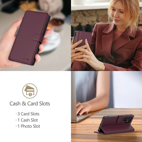 Etui z klapką Tech-Protect Wallet w stylowym odcieniu mulberry, pasujące do nowoczesnych smartfonów.