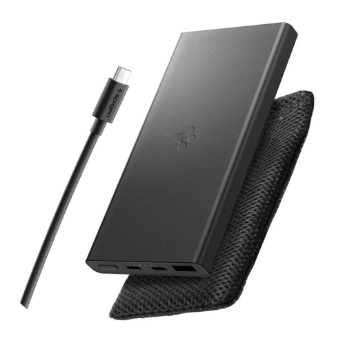 Powerbank Spigen Essential EA2210 w kolorze czarnym z widokiem na porty USB.