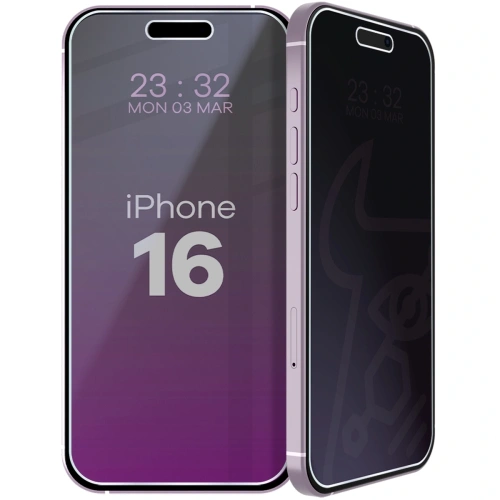 Prywatyzujące szkło hybrydowe Bizon Glass Mule Shadow do iPhone 16 w matowym wykończeniu.