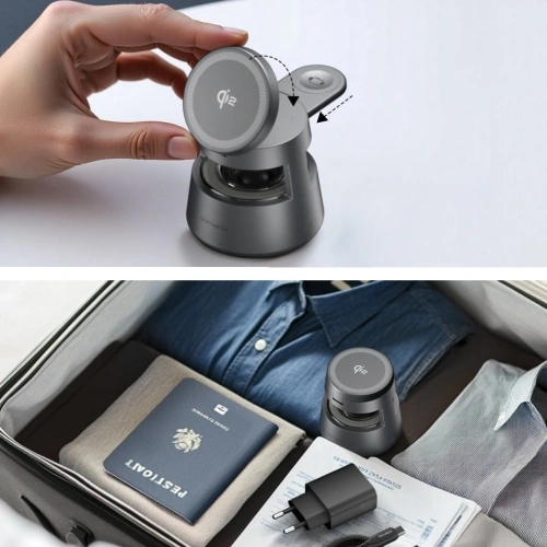 Stylowa stacja ładująca 4smarts Aura Sound Qi2 w odcieniu szarym, pasująca do nowoczesnych wnętrz.