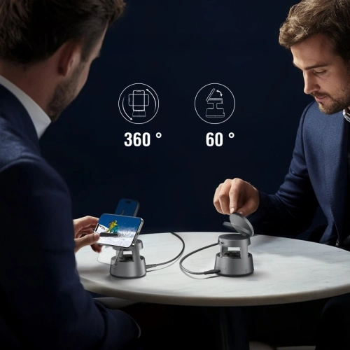 Widok stacji ładującej 4smarts Aura Sound Qi2 z podświetleniem LED, kt&oacute;re informuje o statusie ładowania.