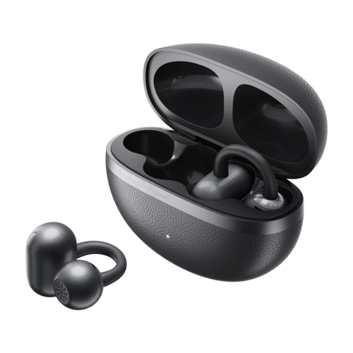 QCY Crossky C50 headphone with clip next to open case