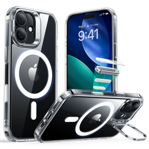 Etui ESR Classic Hybrid Kickstand MagSafe do iPhone 17 w przezroczystym kolorze, ukazujące elegancki wygląd.