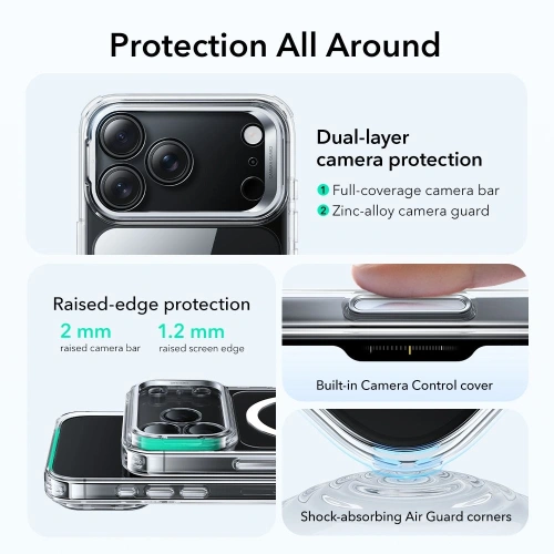 Zbliżenie na etui ESR z podstawką, ukazujące hybrydowy materiał i wycięcia.