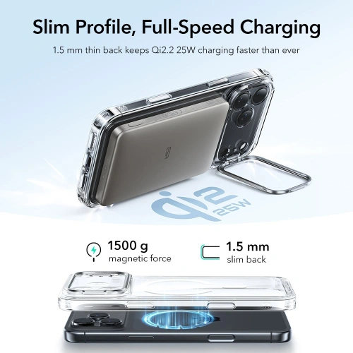 Widok z boku etui ESR z podstawką, pokazujący funkcjonalność i elegancki wygląd.