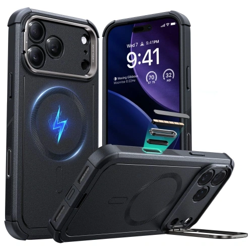 Etui ESR Cyber Kickstand MagSafe w kolorze czarnym, idealnie dopasowane do iPhone 17 Pro Max.