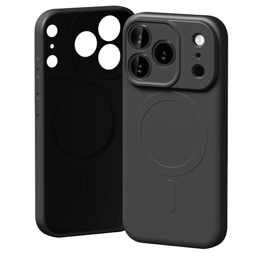 Etui Mercury Semi-Silicone MagSafe do Apple iPhone 17 Pro w kolorze czarnym, ukazujące jego hybrydowy materiał i precyzyjne wycięcia.