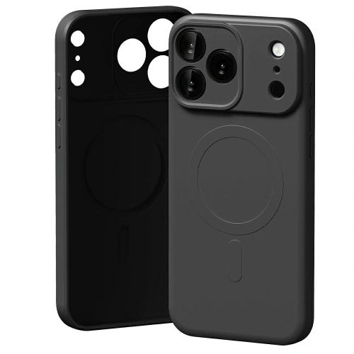 Etui Mercury Semi-Silicone MagSafe do Apple iPhone 17 Pro Max w kolorze czarnym, prezentujące elastyczny materiał i precyzyjne wycięcia.