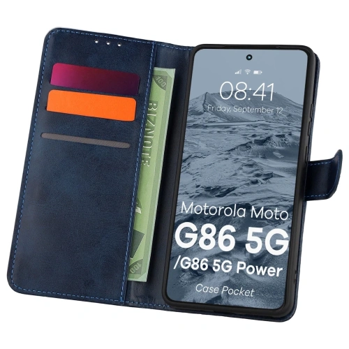 Etui z klapką Bizon Case Pocket w granatowym kolorze, idealne do Motorola Moto G86 5G.