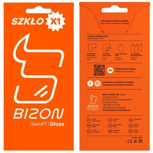 Szkło ochronne w opakowaniu, gotowe do użycia z instrukcją aplikacji.