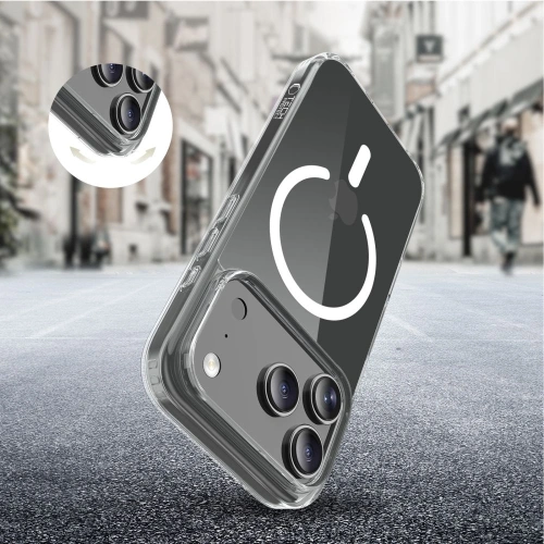 Etui Tech-Protect na tle białego stołu, podkreślające jego przezroczysty design.