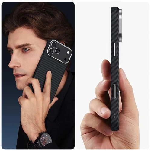 Etui Tech-Protect Ion Carbon MagSafe w akcji, zamontowane na Apple iPhone 17 Pro Max.