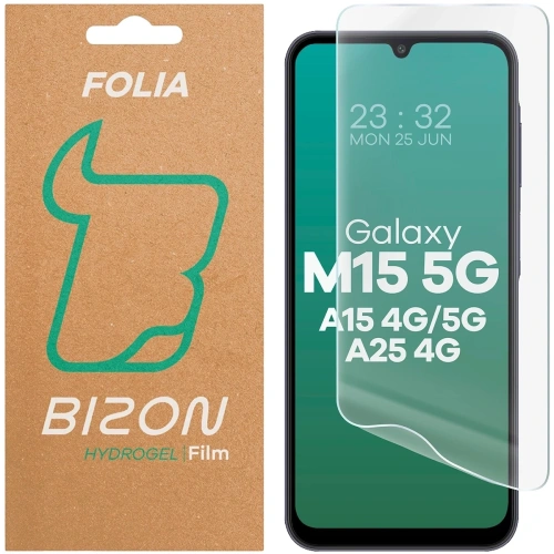 Folia hydrożelowa Bizon Glass na ekran Samsung Galaxy A15 4G z bliska, ukazująca szczeg&oacute;ły aplikacji.