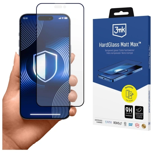 Szkło hartowane 3MK HardGlass Matt Max do Apple iPhone 17 Pro na tle białego biurka
