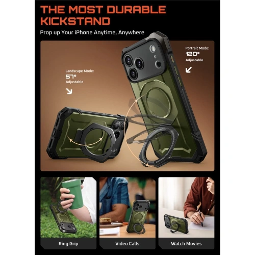 Widok etui Supcase zamontowanego na Apple iPhone 17 Pro Max w zielonym odcieniu.