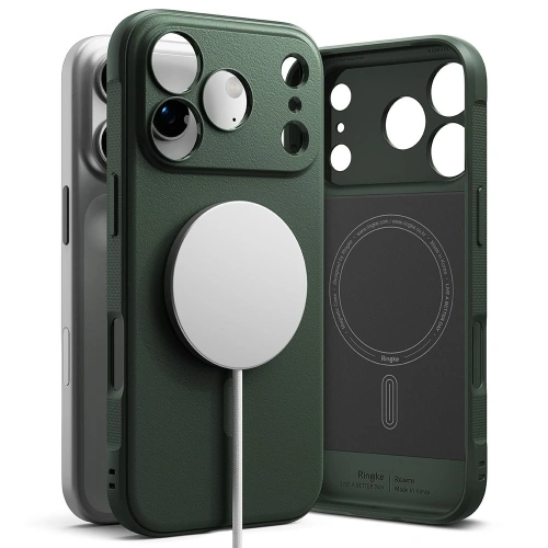 Etui Ringke Onyx Magnetic MagSafe w kolorze ciemnozielonym, idealnie dopasowane do iPhone 17 Pro.