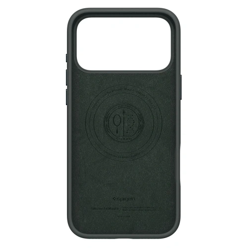 Etui Spigen w kolorze zielonym, pokazujące funkcję MagSafe i magnetyczne mocowanie