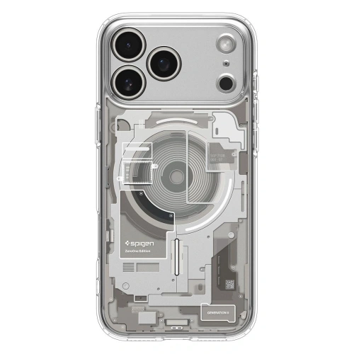 Zbliżenie na etui Spigen Ultra Hybrid Mag MagSafe, ukazujące hybrydowy materiał i wycięcia na porty