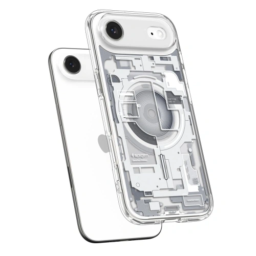 Etui Spigen Ultra Hybrid MagSafe na telefonie, z widocznymi wycięciami na porty