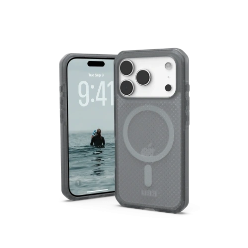 Etui UAG Urban Armor Gear Dot MagSafe w kolorze szarym, idealnie dopasowane do Apple iPhone 17 Pro.