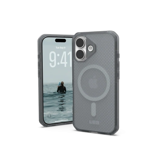 Etui UAG Urban Armor Gear Dot MagSafe w kolorze szarym, idealnie dopasowane do iPhone 17.