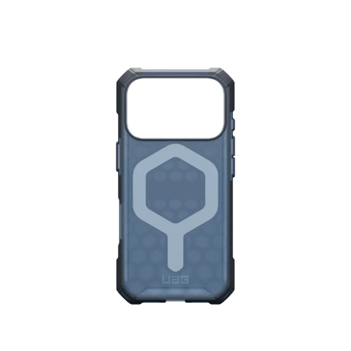 Etui UAG zamontowane na iPhone 17 Pro, chroniące telefon z eleganckim niebieskim wykończeniem.