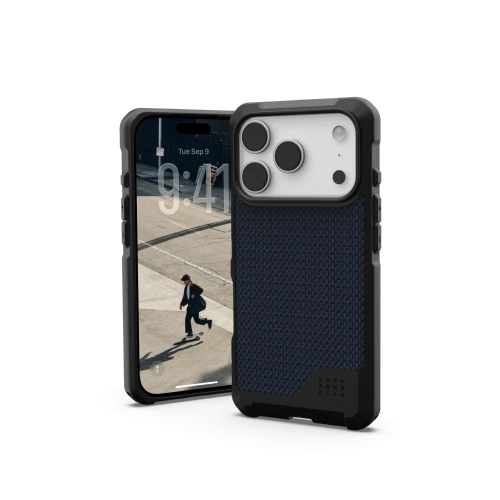Etui UAG Metropolis LT w kolorze granatowym, idealnie dopasowane do iPhone 17 Pro z systemem MagSafe.