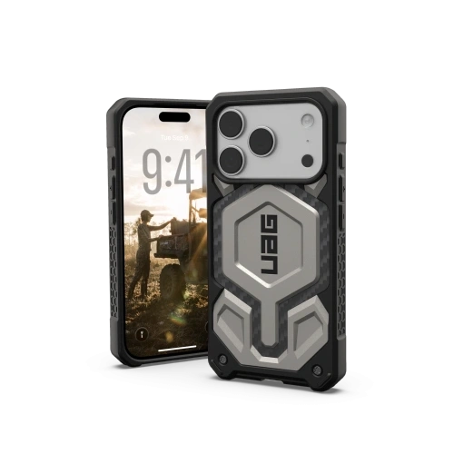 Etui UAG Monarch Pro w kolorze tytanowym, idealnie dopasowane do Apple iPhone 17 Pro.