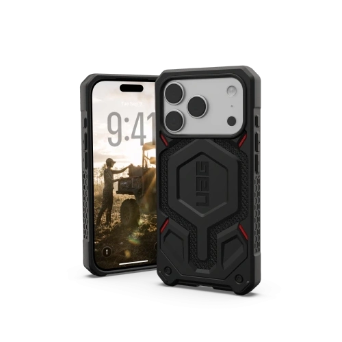 Etui UAG Monarch Pro w kolorze kevlar black, idealnie dopasowane do Apple iPhone 17 Pro z systemem MagSafe.
