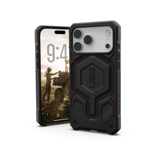 Etui UAG Monarch Pro w kolorze kevlar black, idealnie dopasowane do iPhone 17 Pro Max.