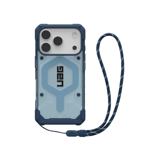 Etui UAG Pathfinder Clear w niebieskim kolorze, idealne do iPhone 17 Pro z MagSafe.