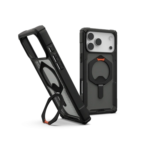Etui UAG Urban Armor Gear Plasma XTE MagSafe w kolorze czarnym z pomarańczowymi akcentami, idealne do iPhone 17 Pro Max.