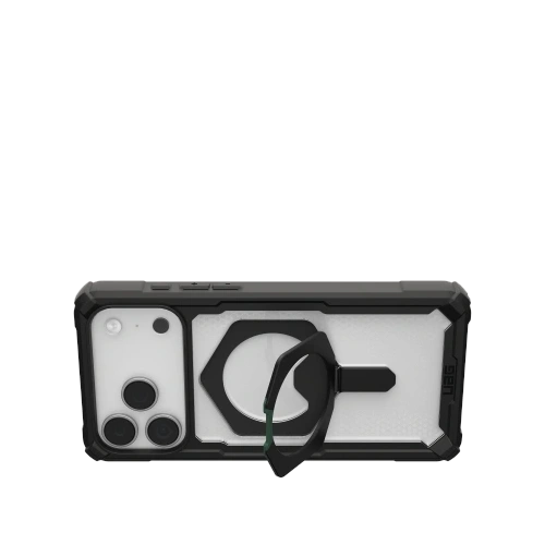 Widok etui UAG z podstawką, prezentujący hybrydową konstrukcję i wycięcia na porty.