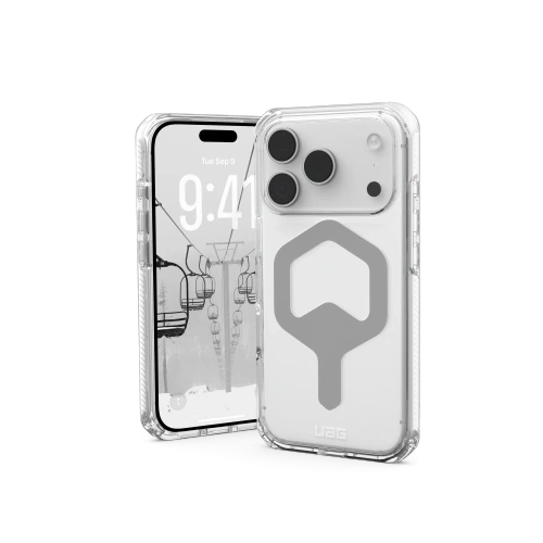 Etui UAG Plyo MagSafe do iPhone 17 Pro w kolorze szarym, prezentujące elegancki design.