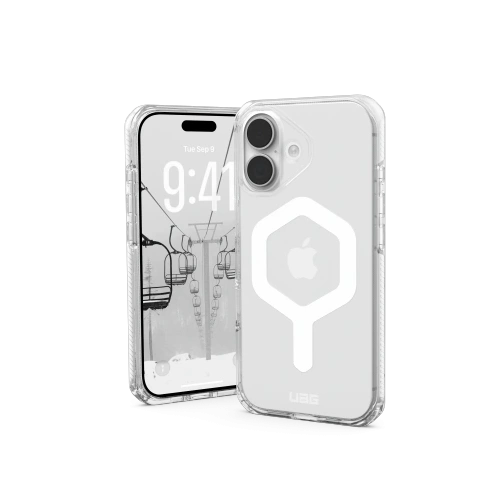 Etui UAG Plyo MagSafe do iPhone 17 w kolorze ice/white, ukazujące przezroczysty design i hybrydowy materiał.